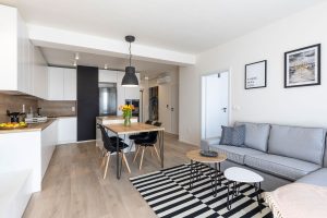 obývačka s kuchyňou zariadená v škandinávskom štýle, v čieno-bielej kombinácii s drevom