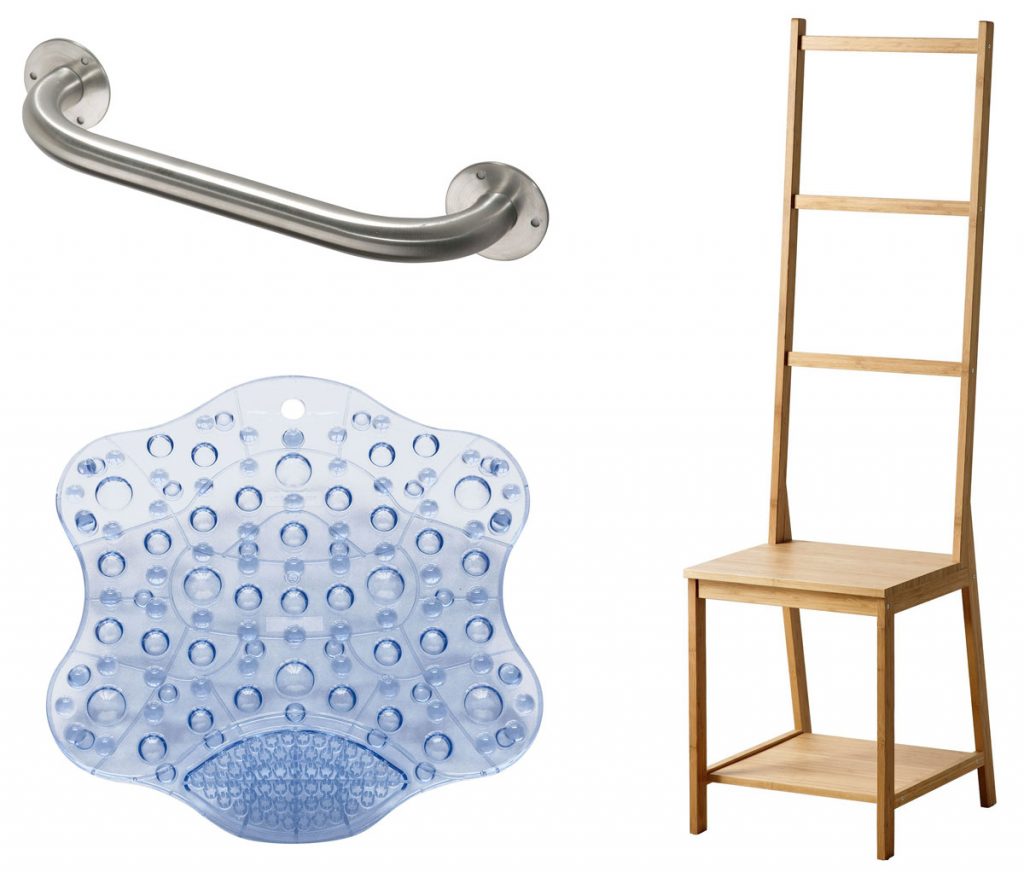 oceľové držadlo do kúpeľne, protišmyková podložka do vane a drevená stolička s vešiakom na uteráky