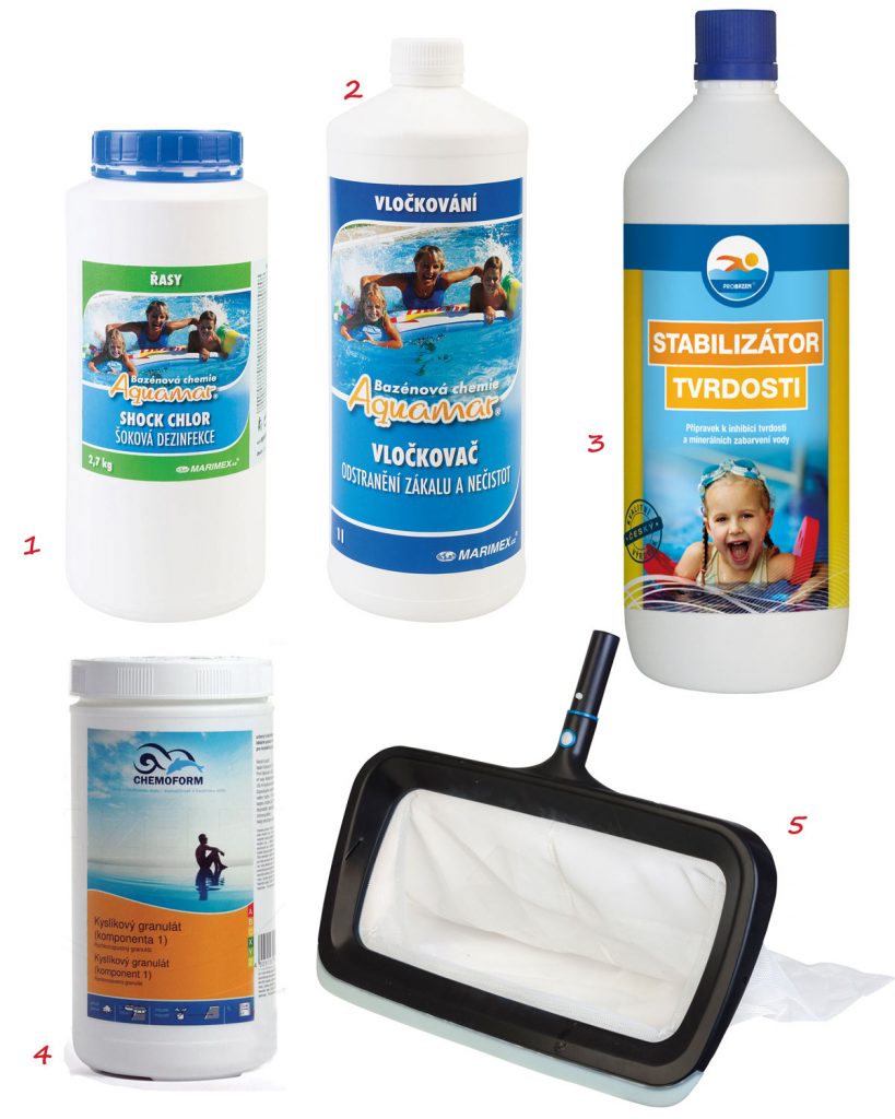 chlórové tablety na čistenie bazéna, vločkovač, stabilizátor tvrdosti vody, aktívny kyslík granulovaný, sieťka na čistenie dna bazéna