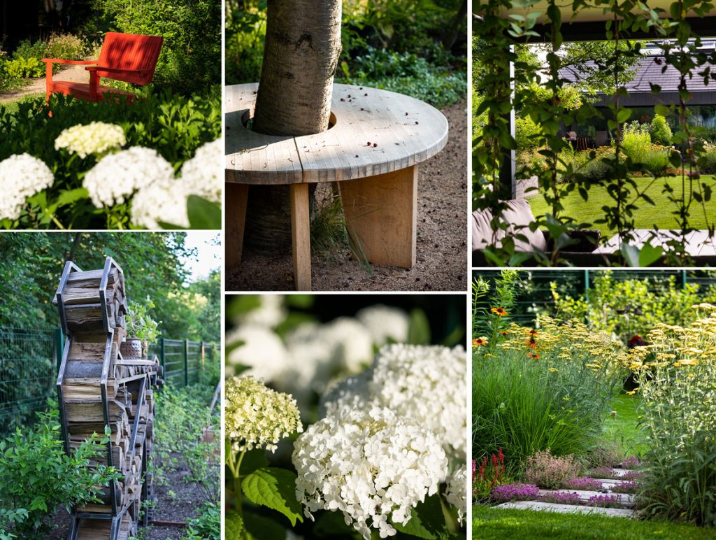 detaily záhrady - stromčekovitá hortenzia, lavička okolo kmeňa stromu, zelená stena na pergole, kovová socha slúžiaca ako stojan na drevo, trvalkové záhony a lavička