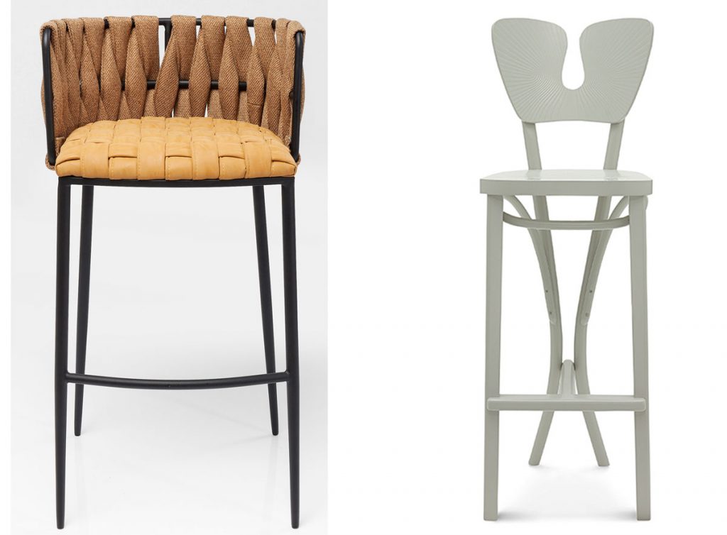 barová stolička z ocele a textilu a barová stolička z bukového dreva v bielej farbe s operadlom v tvare srdca