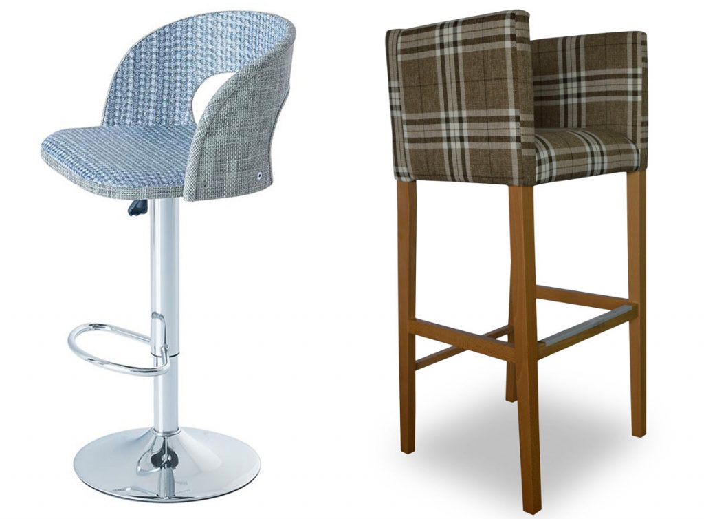 barová stolička z chrómu a textilu a drevená barová stolička s poťahom