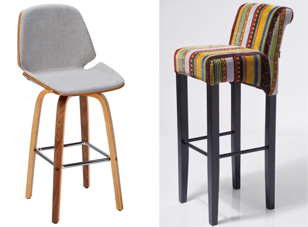 otočná barová stolička so strieborným poťahom a barová stolička z bukového dreva, farebne očalúnená 