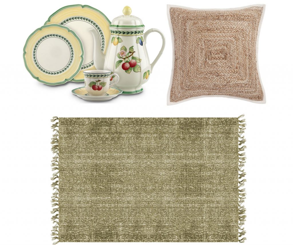 porcelánová súprava riadu zložená z čajníka, tanierov a šálky s podšálkou, jutová obliečka na vankúš, bavlnený koberec