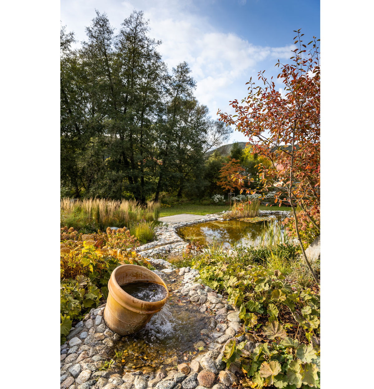 Jazierko s potôčikom z riečnych kameňov vybudované na svahovitom teréne prírodnej záhrady.