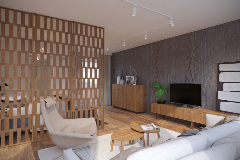interiérový dizajnérsky návrh obývačky prepojenej so spálňou, kde je deliacim prvkom drevená perforovaná zástena