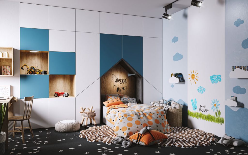 Detská izba so vstavanými úložnými priestormi s výklenkom na posteľ a so stenou so špeciálnou plochou na kreslenie.