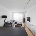 Minimalistická obývačka so sivým gaučom, skrinkami pozdĺž steny a konferenčným stolíkom.
