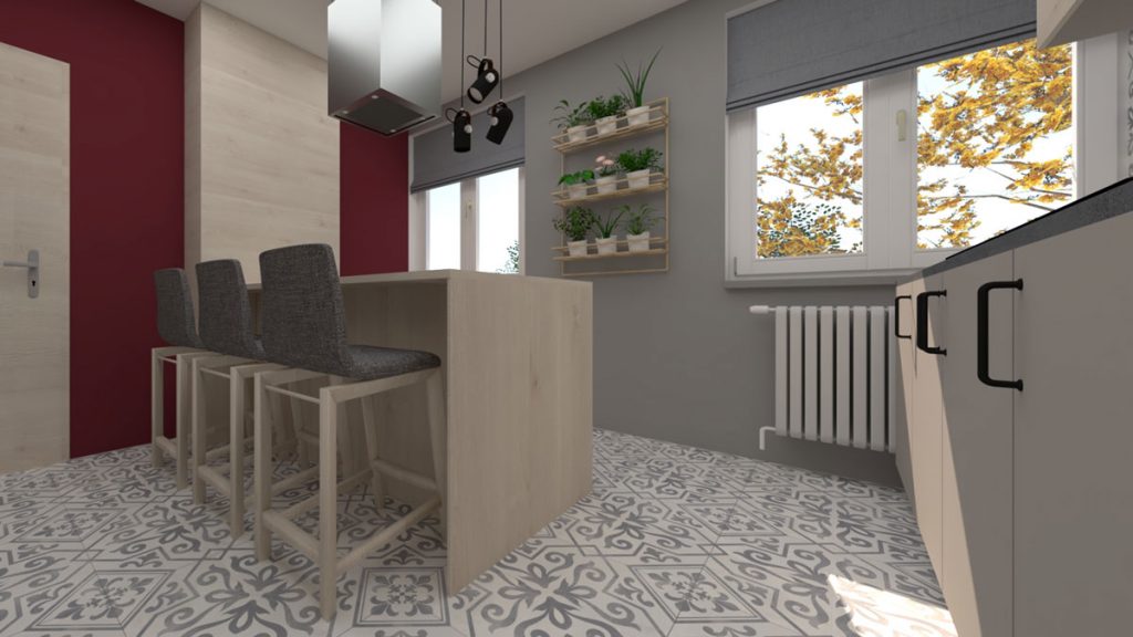 Zmodernizovaná kuchyňa s policami na bylinky, vo svetlom drevodekore, vzorovanou podlahou a vínovou stenou.
