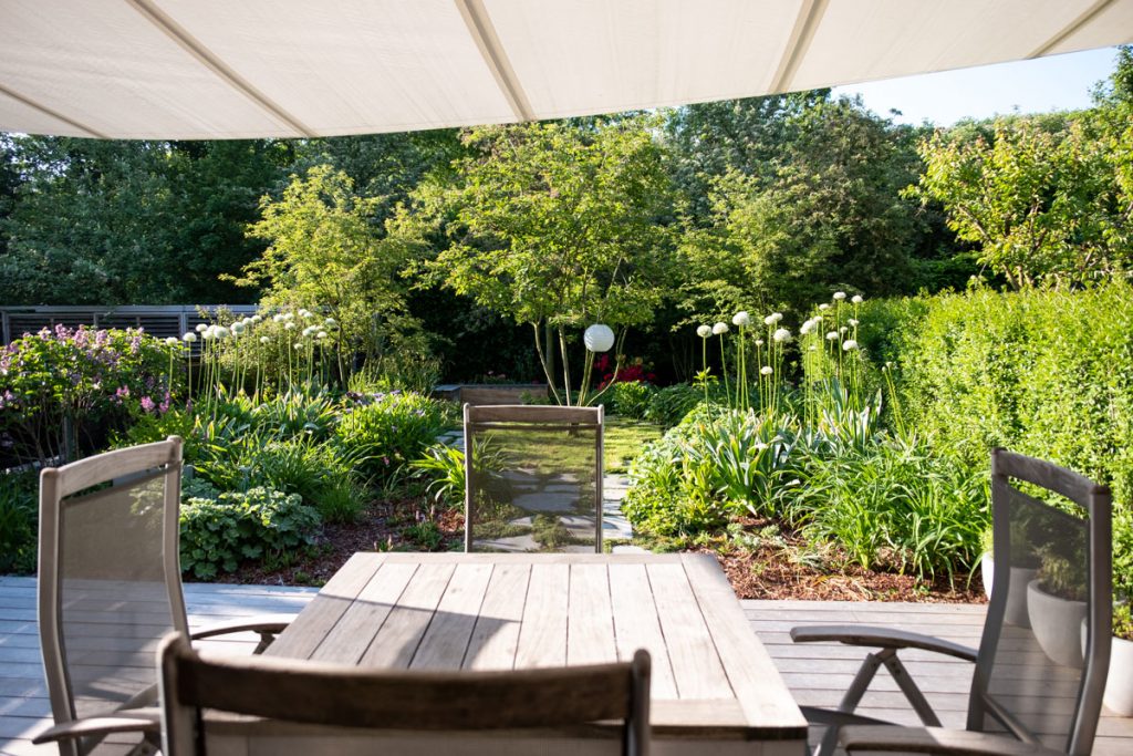 premena malej záhrady: pohľad od terasy po premene na opakujúce sa viackmenné dreviny