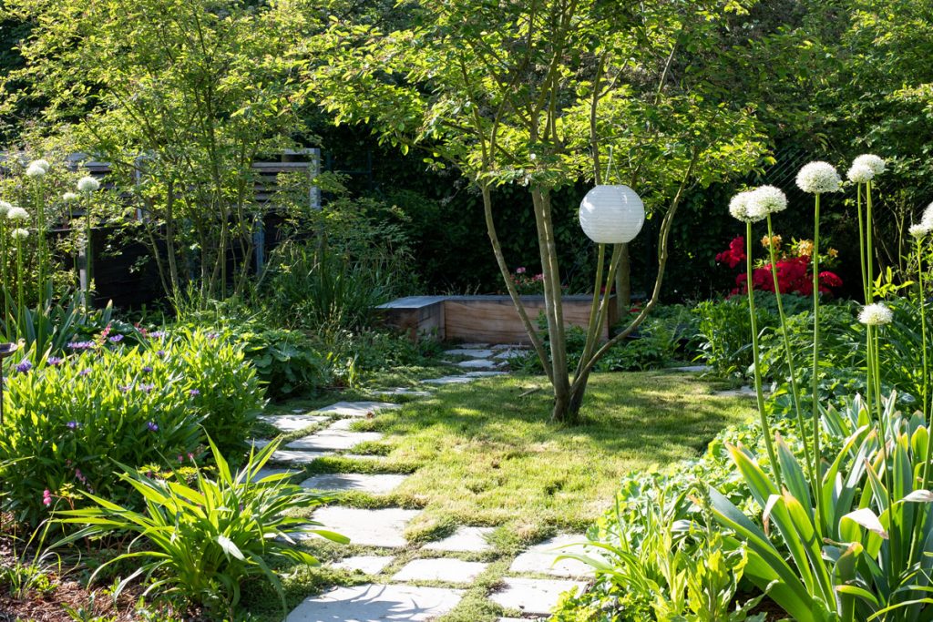 pohľad do malej záhrady s trvalkovou výsadbou, betónovými šľapákmi vedúcimi k zákutiu s drevenou lavicou
