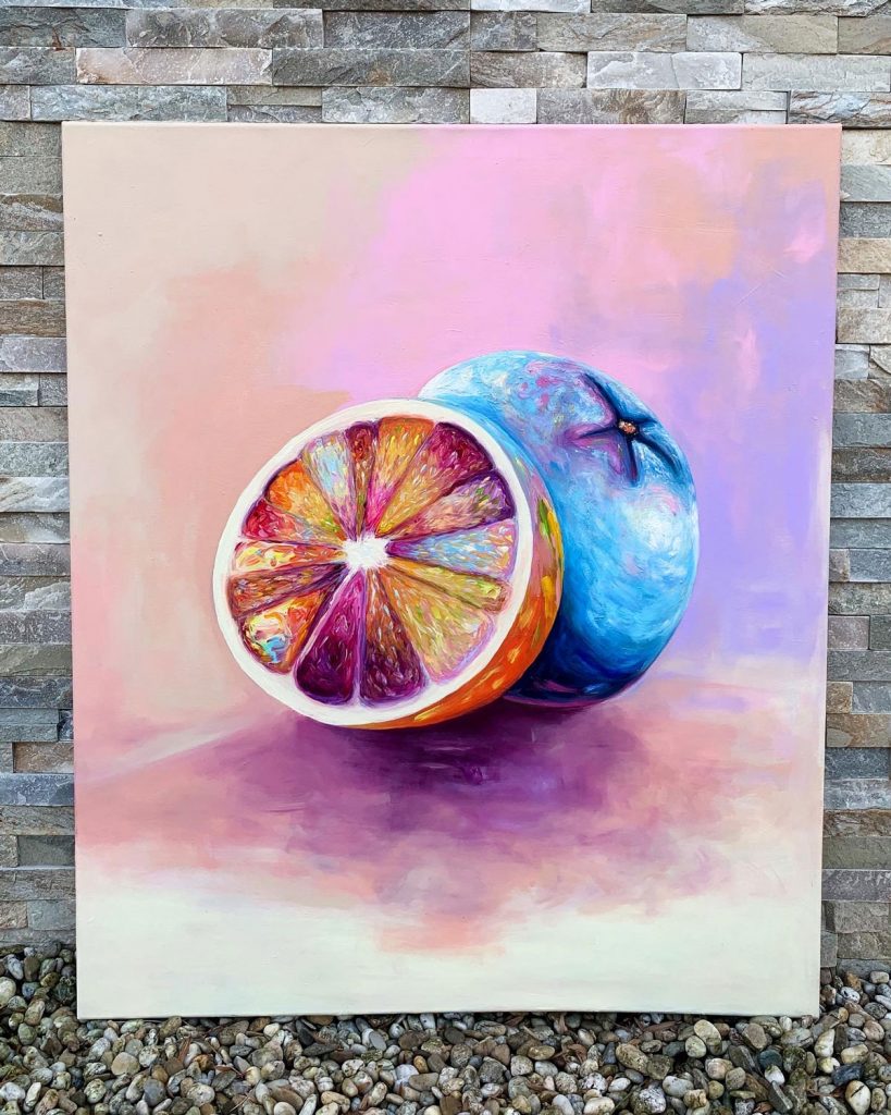 farebná maľba pomarančov s názvom od Patrika Koprivňanského