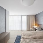 Vzdušná minimalistická spálňa so stierkou s betónovým vzhľadom, dreveným obkladom