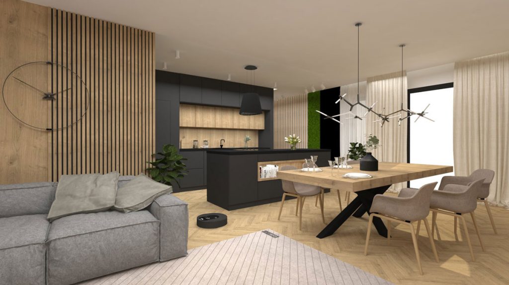 Dizajnérsky návrh dennej otvorenej zóny v industriálnom štýle, s čiernou kuchyňou, jedálňou a obývačkou