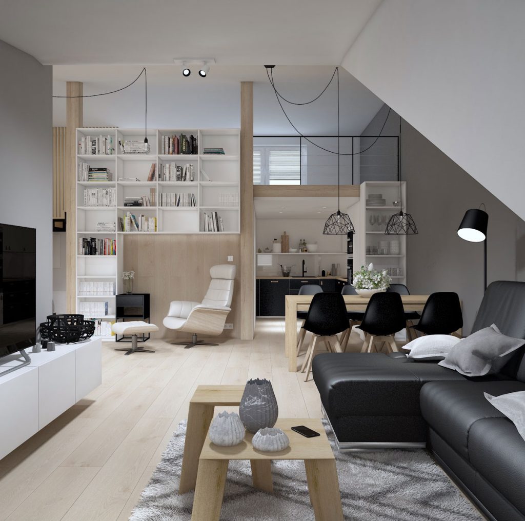 Dizajnérsky návrh podkrovnej obývačky v kombinácii čiernej a dreva s otvorenou knižnicou ako deliacim prvkom 