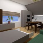 Dizajnérsky návrh otvoreného priestoru obývačky a kuchyne v podkroví