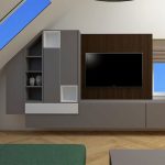 Dizajnérsky návrh otvoreného priestoru obývačky a kuchyne v podkroví, pohľad na TV stenu