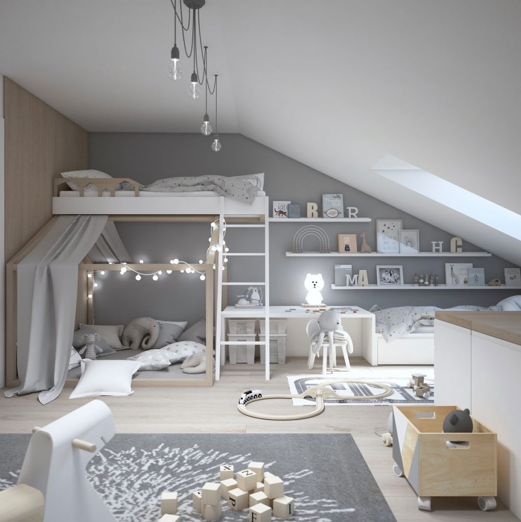 Dizajnérsky návrh podkrovnej detskej izby pre dvoch, s poschodovou posteľou, otvorenými policami a pracovným kútikom