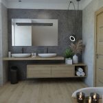 Dizajnérsky návrh podkrovnej kúpeľne, pohľad na umývadlá a skrinky