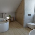Dizajnérsky návrh podkrovnej kúpeľne, pohľad na vaňu a skryté odkladacie priestory