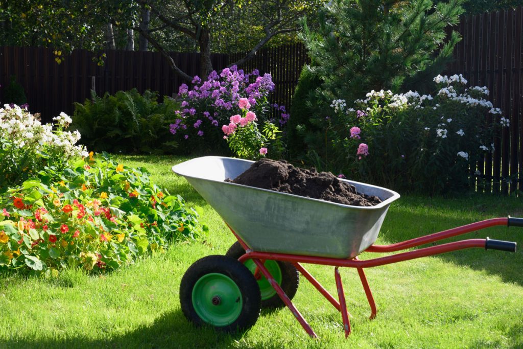 Okrasná záhrada s trávnikom a fúrikom s hnojivom na trávnik
