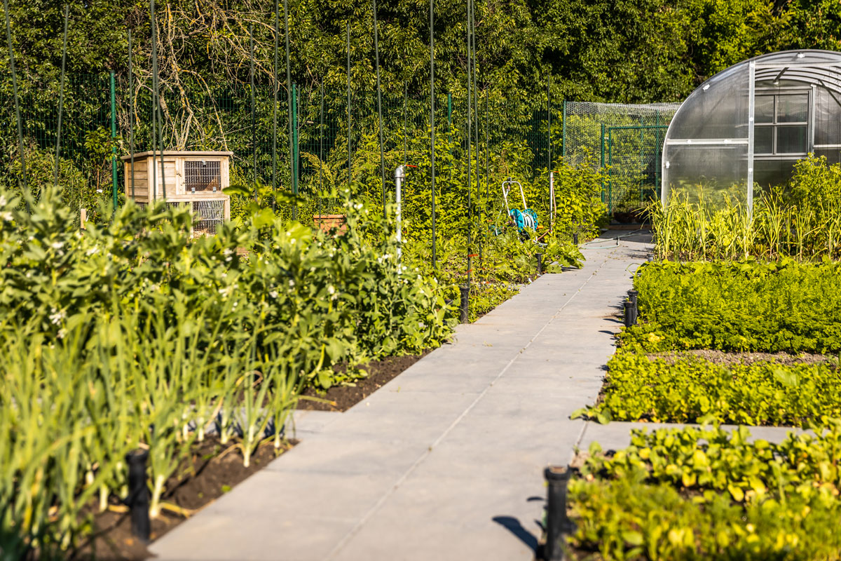 Úžitková časť súkromnej záhrady so zeleninovými a bylinkovými záhonmi, sadom s malým skleníkom a miestom pre hydinu