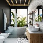 Moderná kúpeľňa so zeleňou a samostatne stojacou vaňou