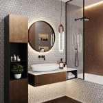 Kúpeľňa s čiernymi prvkami, hnedým nábytkom a obkladom v tvare včelích plástov