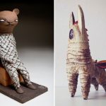 keramické sochy "Cestovateľ" a "Bájny" od Frikou