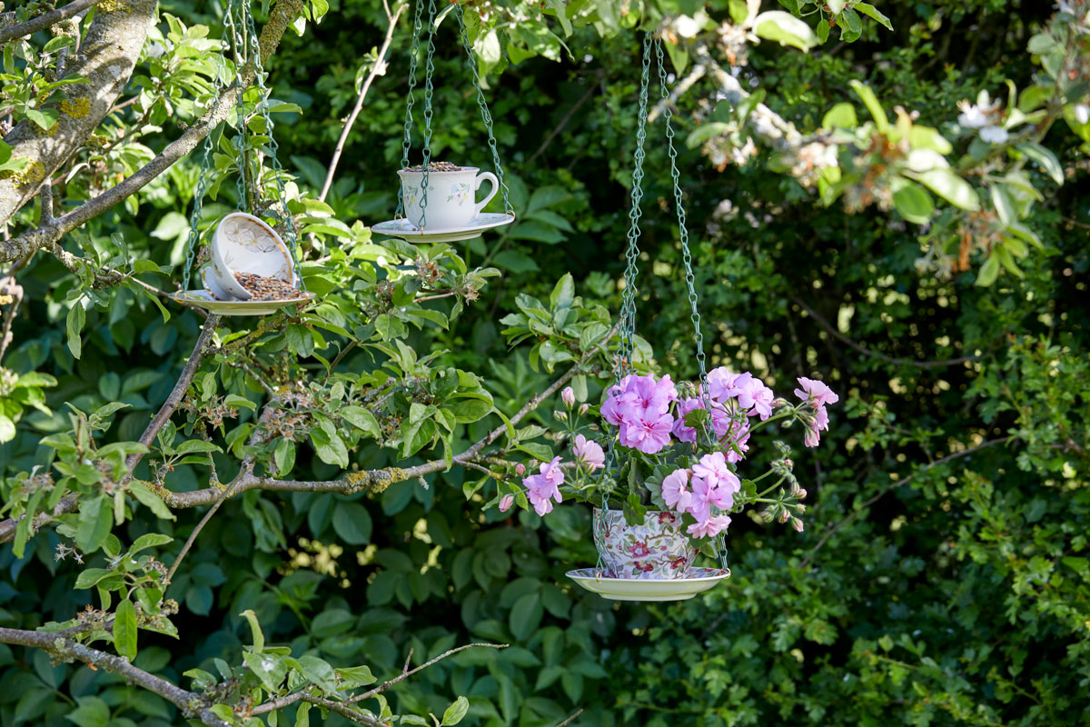 Kŕmidlá a kvetináče zo starých porcelánových šálok visiace na strome