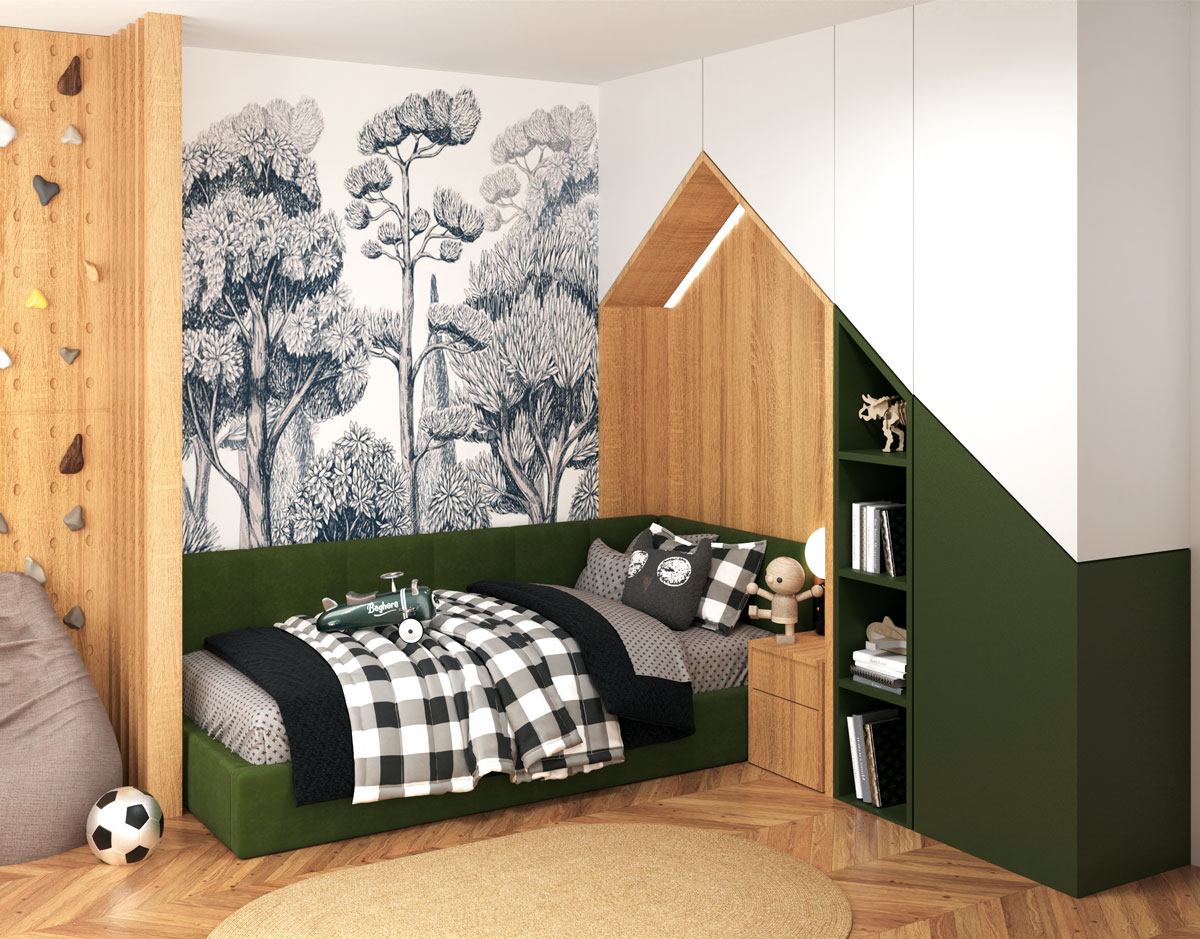 Návrh detskej izby, tmavozelená čalúnená posteľ so zástenou prechádza do priestoru v tvare domčeka, nad ním sú úložné priestory, za posteľou je tapeta s motívom stromov, posteľ oddeľujú lamely od lezeckej steny