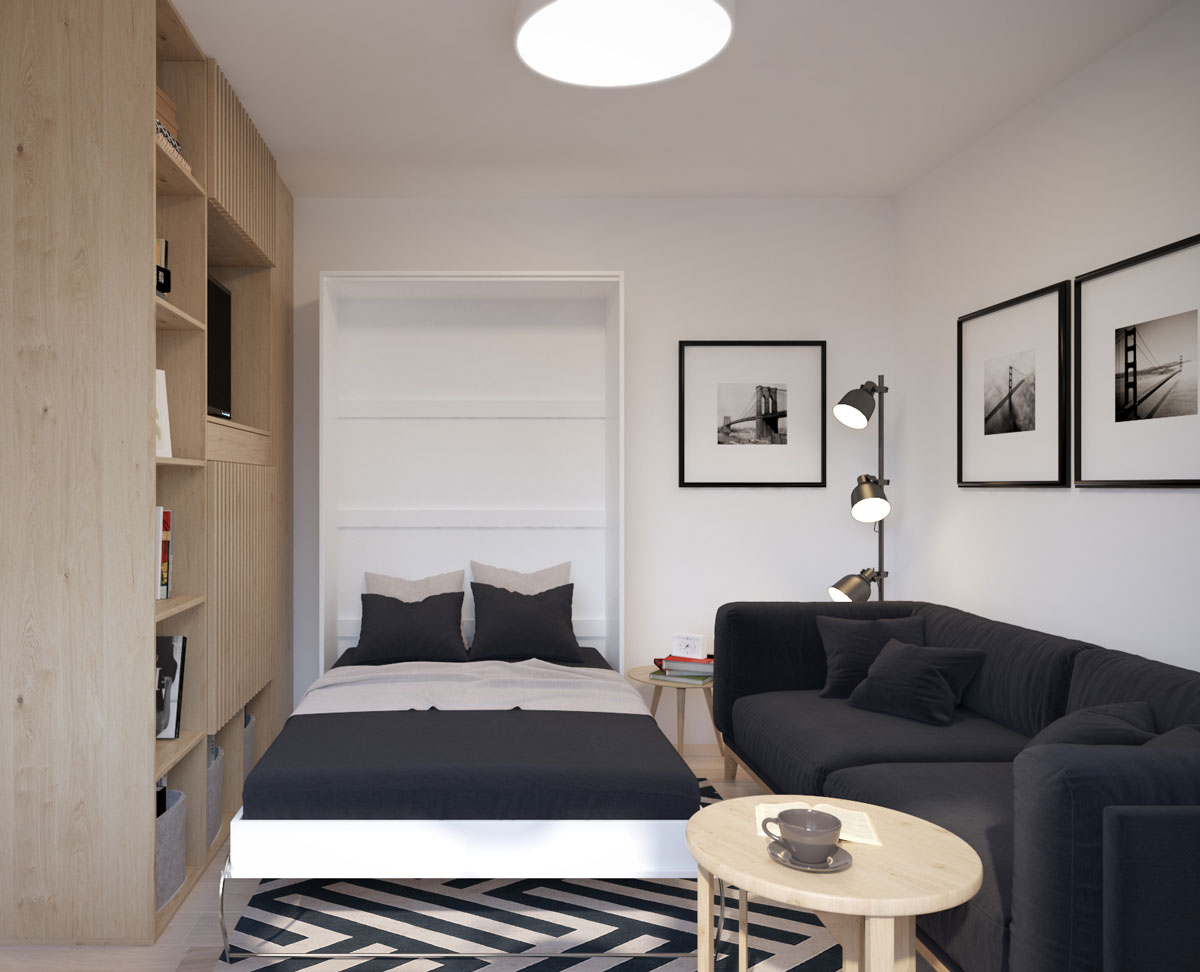 Malý byt s miestnosťou, ktorá slúži ako obývačka aj spálňa. Posteľ sa vyklápa zo skrine