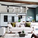 otvorená moderná kuchyňa s obývačkou v bielej farbe, obývaciu časť od kuchyne opticky oddeľuje sedačka