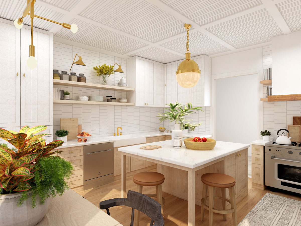 biela kuchyňa kombinovaná so svetlým drevom v modernom vidieckom štýle