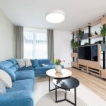 obývačka s modrou sedačkou a obojstrannou policou s televízorom