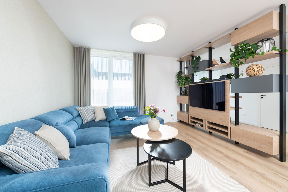obývačka s modrou sedačkou a obojstrannou policou s televízorom
