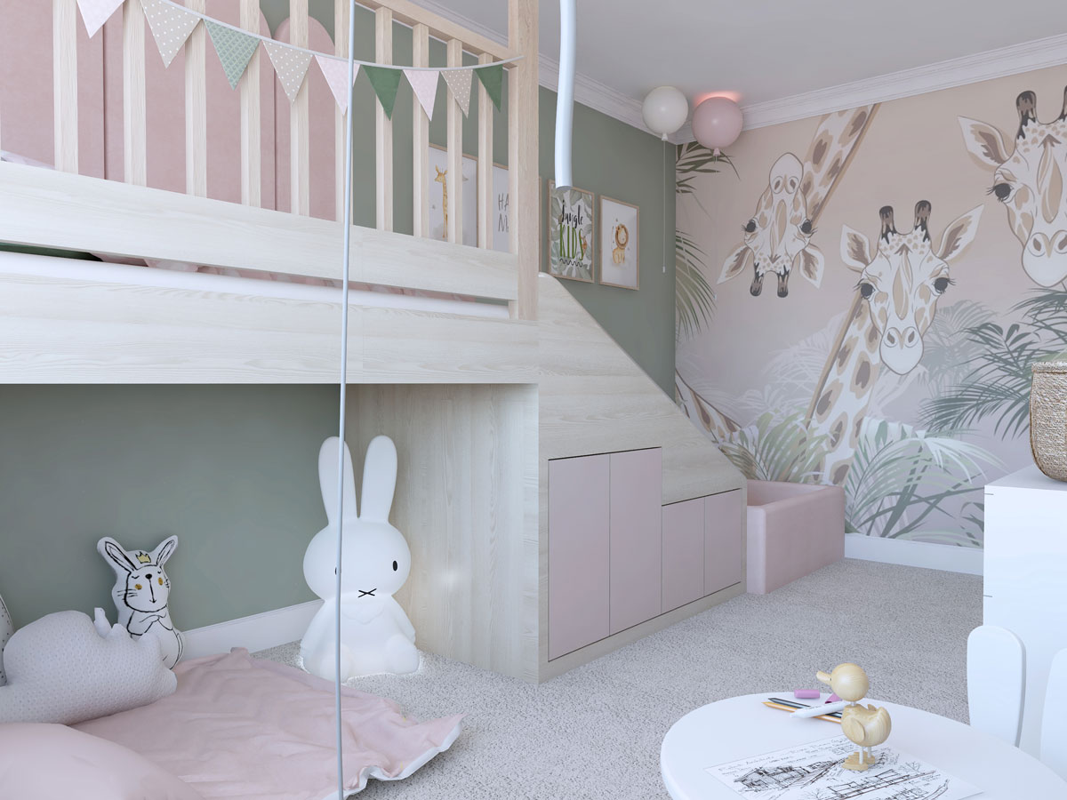 dievčenská detská izba s vyvýšenou posteľou s úložnými priestormi a bunkrom, na stene je tapeta so žirafou, pod posteľou je veľké svietidlo zajaca