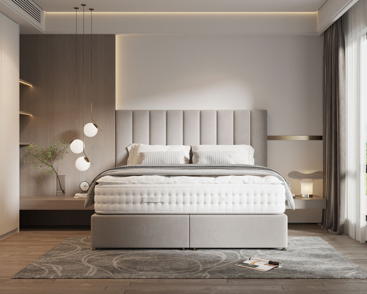 Moderná spálňa v kávovej farbe s vysokým matracom