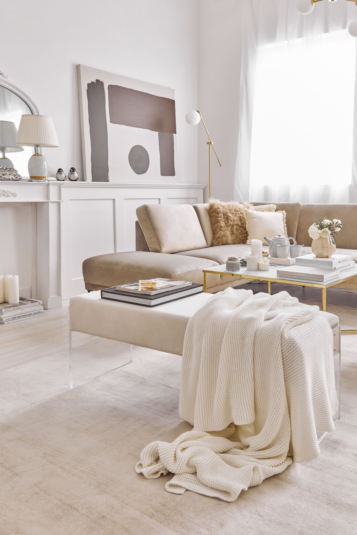 obývačka v parížskom štýle so svetlým nábytkom v kombinácii bielej a kávovej farebnosti