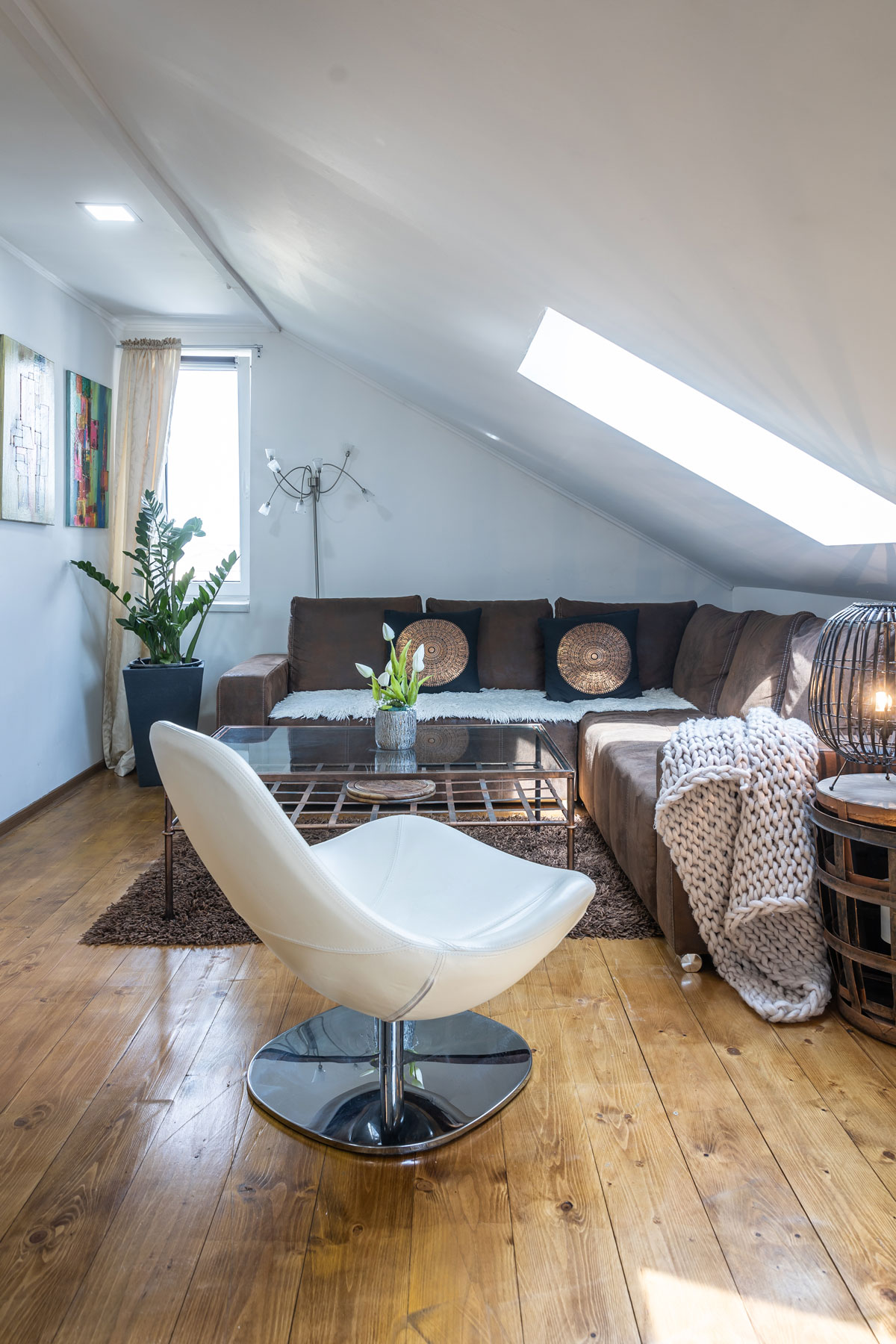 útulná obývačka s hnedou sedačkou s kontajnerovom dome